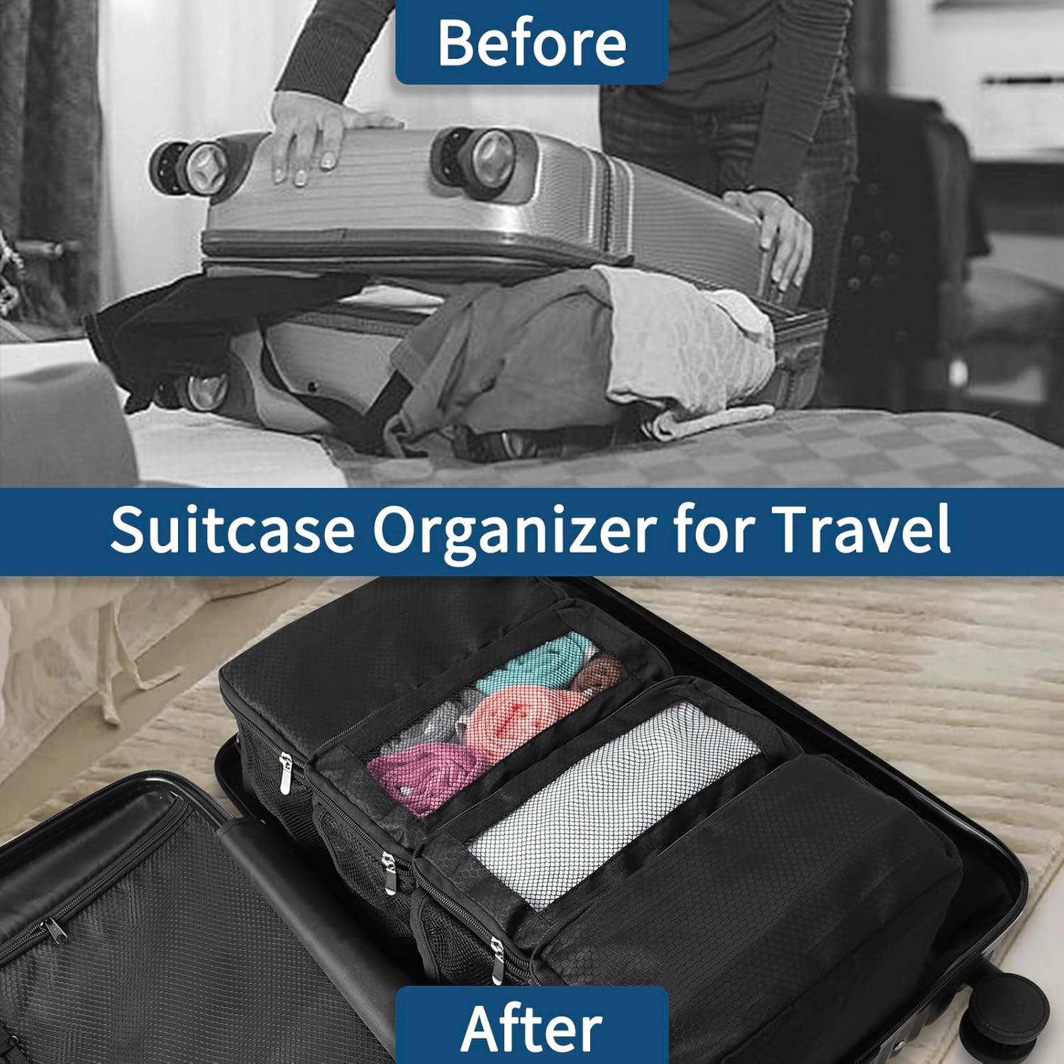 esouler Suitcase Organizer - Hanging Packing Cubes & Portable Collapsible Travel Shelves for Carry-on (Black, Small) - Image 3